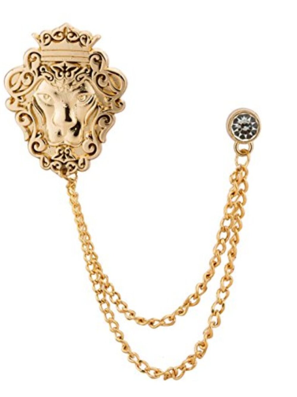 New - Vintage Men Golden Crowned Lion King With Stone Hanging Chain Brooch Pin